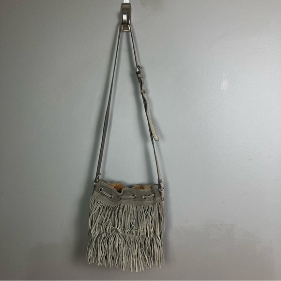 Patricia Nash Bronte Gray Suede Bohemian Drawstring Bucket Bag fringe - Picture 8 of 16